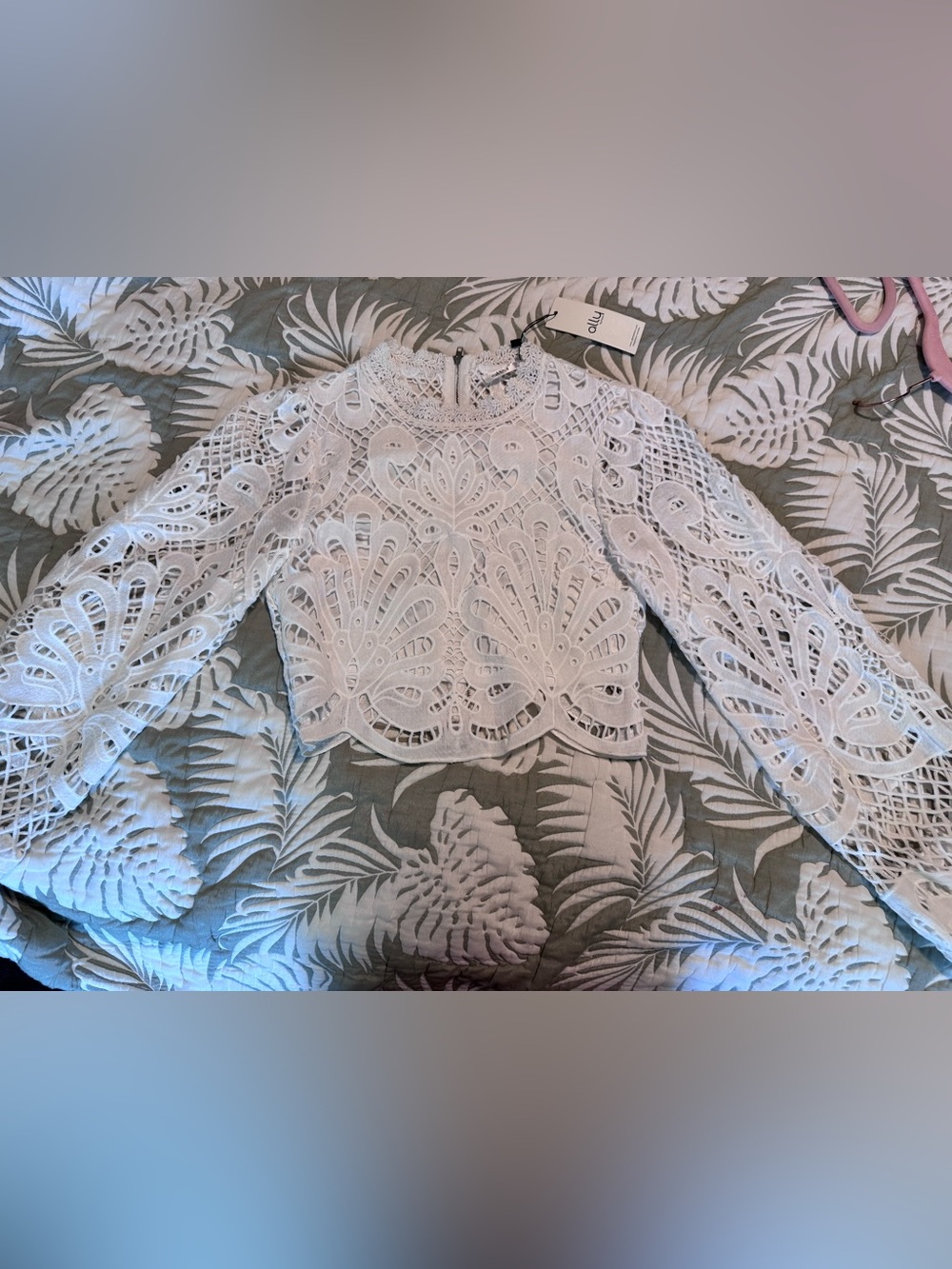 NWT White Crochet Lace Long-Sleeve Crop with zip back closure size S